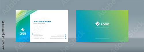 Double sided business card templates with illustrations of randomly stacked transparent blue-green triangles on a blue-white background