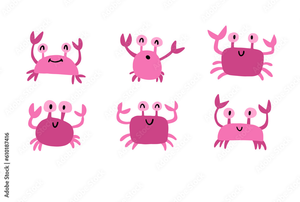 A set with crabs of different shapes. Cute cartoon flat characters. Childish naive vector illustration on white background.