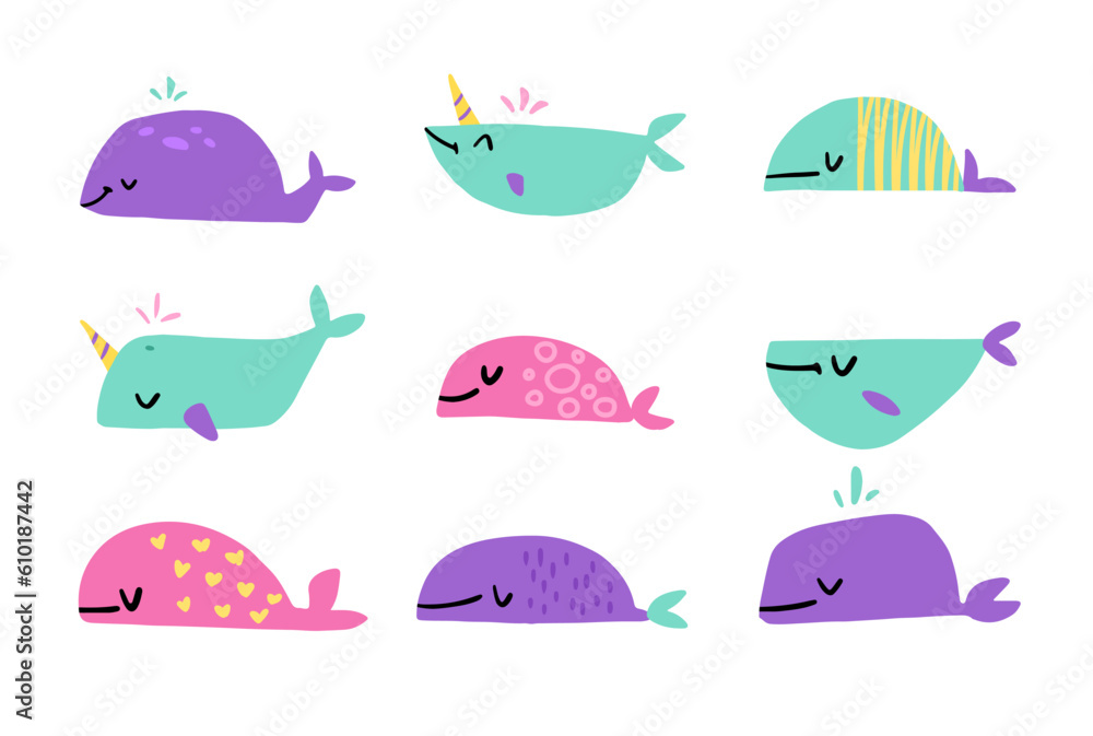 Set with whales and unicorns of different shapes. Cute cartoon flat characters. Childish naive vector illustration on white background.