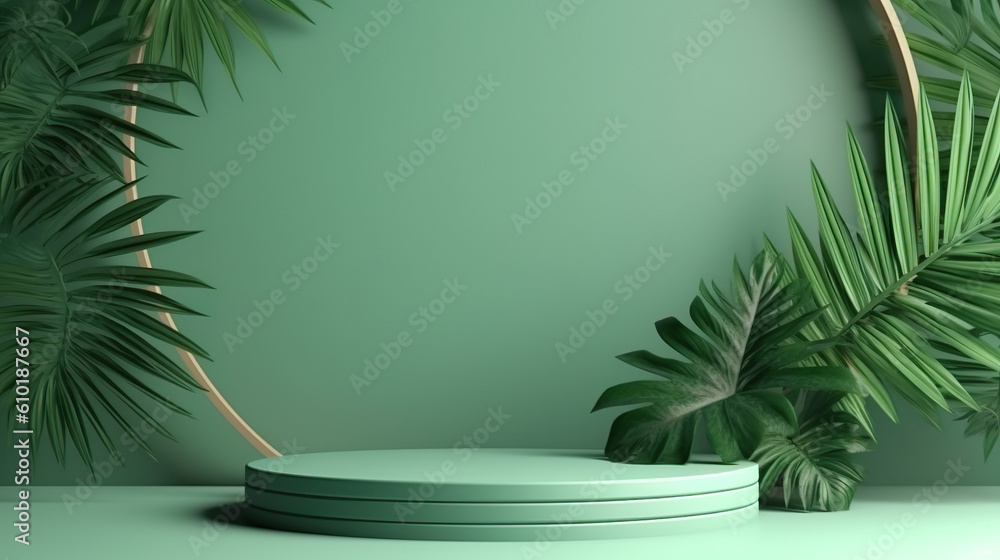 Minimal abstract empty podium green background with leaves, for product display presentation mockup, generative ai Minimal abstract empty podium green background with leaves, for product display presentation mockup, generative ai