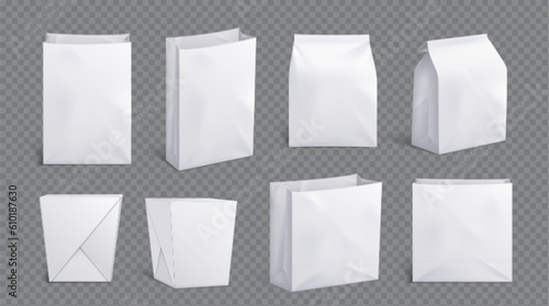 White paper lunch bag package for takeaway chinese food. Take away box pack for noodle or pasta mocku icon. Empty 3d carton square container mock up for candy branding design on transparent background