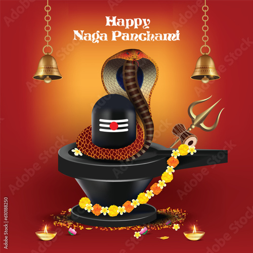 Vector illustration of Nag Panchami. cobra abround decorated shivling 