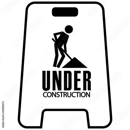 Under construction signage in black and white line art single vector illustration for construction sites.