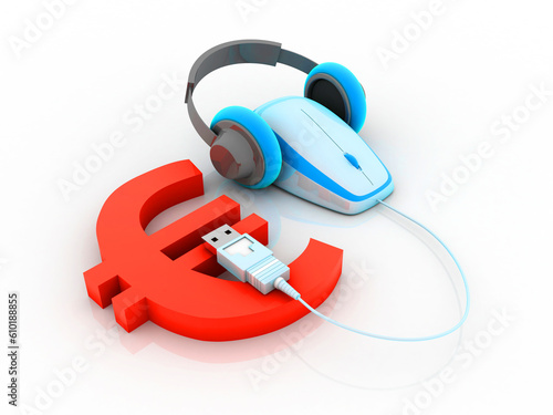  3D rendering euro currency symbol with headphone connected mouse 