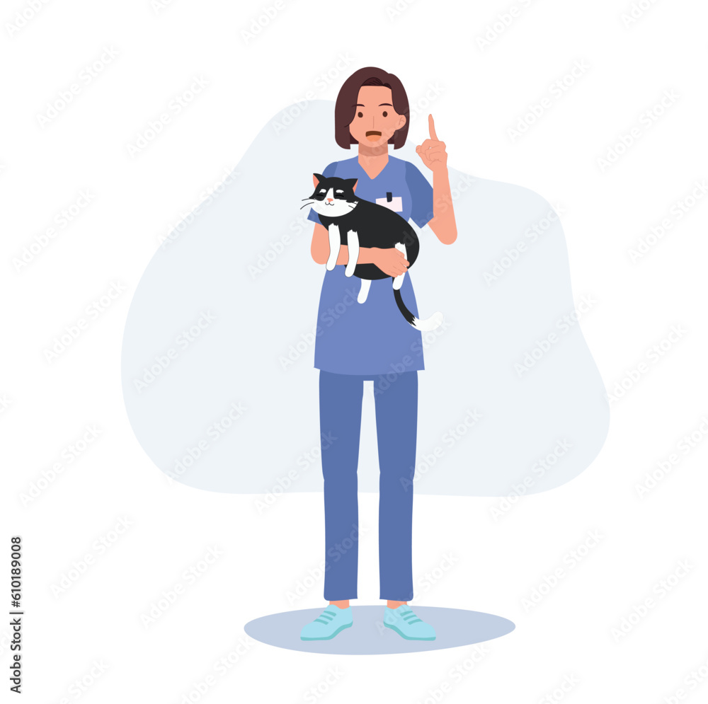 Full length of female Veterinarian Hugging cat and giving information suggestion. Profession veterinarian. woman vet holds a cat. Flat vector cartoon illustration