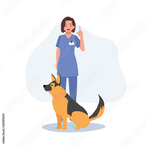 Full length of female Veterinarian with german shepherd dog is giving information suggestion about dog. Profession veterinarian. Flat vector cartoon illustration