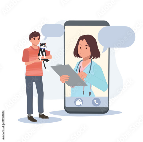 online Veterinary consultation concept. Veterinary doctor appointment. Modern healthcare technologies. Flat vector cartoon illustration