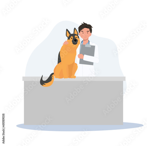Veterinarian team and dog in the clinic. Veterinary clinic, healthcare service or medical center for domestic animals. Flat vector cartoon illustration