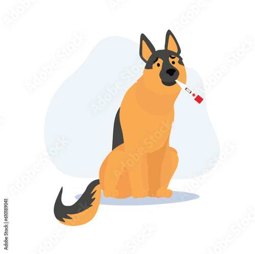 Ill dog concept. Dog with thermometer. Flat vector cartoon illustration