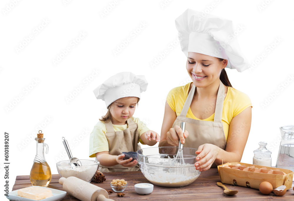 Happy mother and child daughter preparing food Happy mother and child daughter preparing food