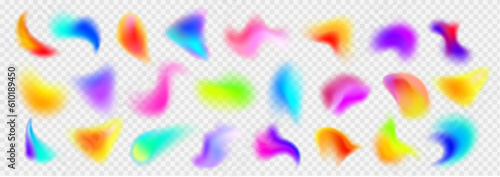 Holographic abstract blur spot. Vector 3d chameleon y2k aura shape gradient texture. Soft geometric blend graphic design isolated set. Bright fluid paint colorful blurry dynamic brush stroke glow