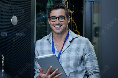Obraz na płótnie Engineer, server room and portrait of a man with a tablet for programming, cybersecurity or maintenance