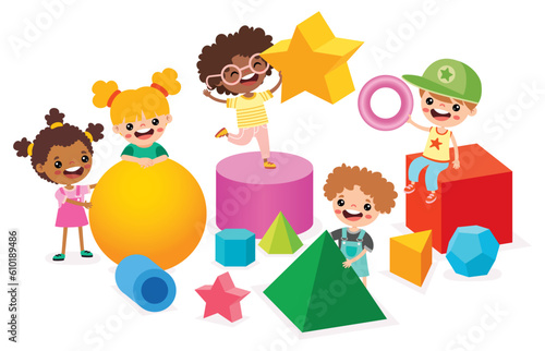 Kids Playing With 3d Geometric Shapes