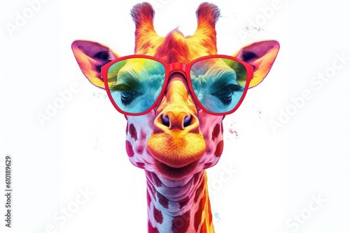 A crtoon colorful giraffe with sunglasses on white background. Colorful. Generative AI