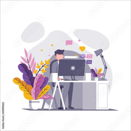 Work freelance, Programmer, designer guy icon. Worker with laptop in flat design. Stock raster illustration