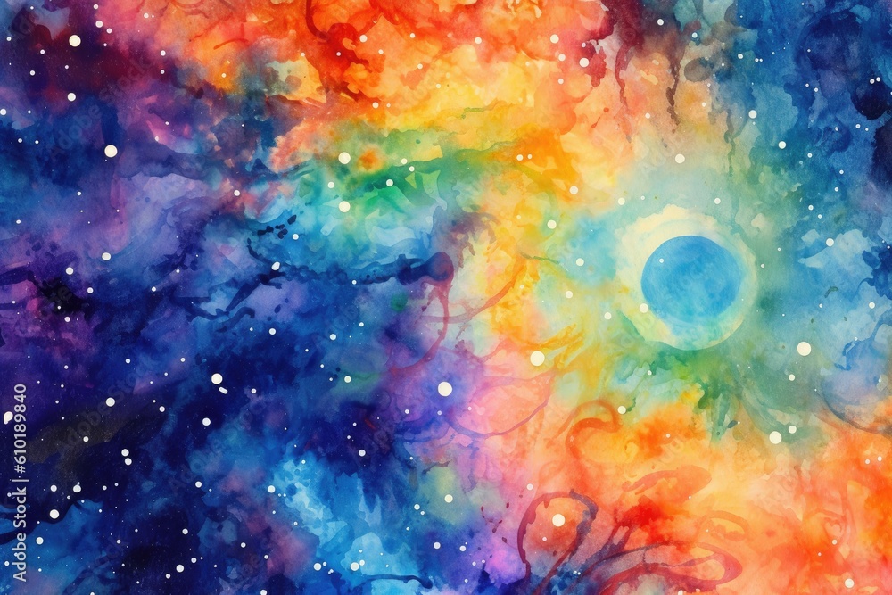 Cosmos scene of of colors. Vibrant colorful watercolor new age style abstract cosmos scene with stars galaxies swirling vibrant colors. Colorful. Generative AI