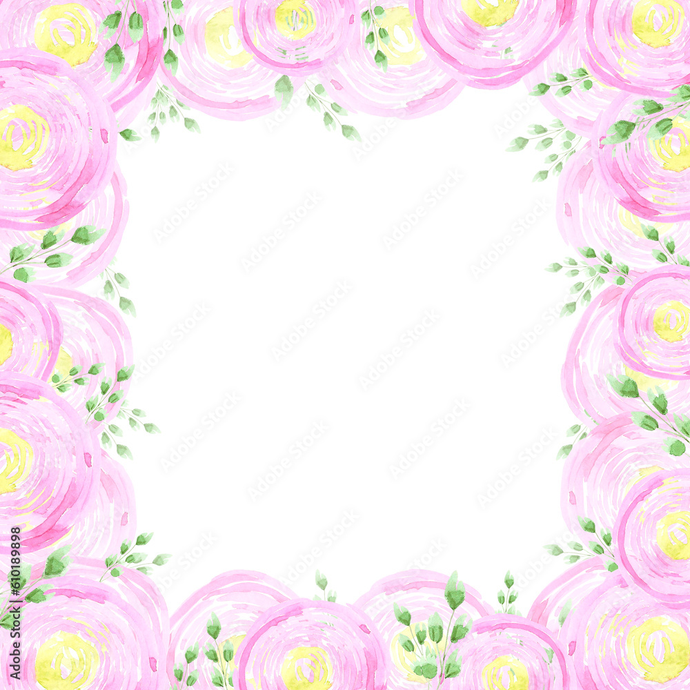 Pink abstract ranunculus frame boarder. Hand drawn watercolor isolated on white background. Can be used for cards, patterns, label.