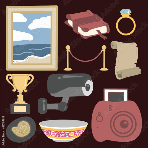 Set of Museum Objects Cute Hand Drawn Illustration