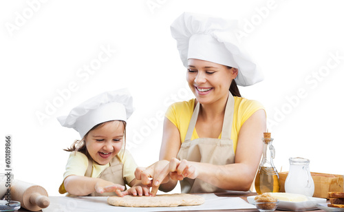 Happy loving family prepares bakery together.