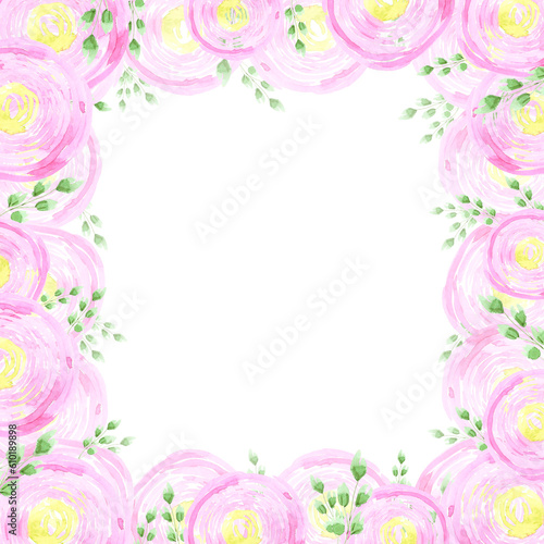 Pink abstract ranunculus frame boarder. Hand drawn watercolor isolated on white background. Can be used for cards, patterns, label.