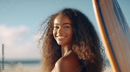 Beautiful smiling African American woman with surf board on a beach at sunrise generative ai © Roman