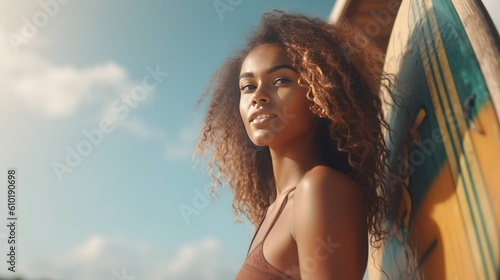 Beautiful black woman with surfboard on a beach at sunrise generative ai