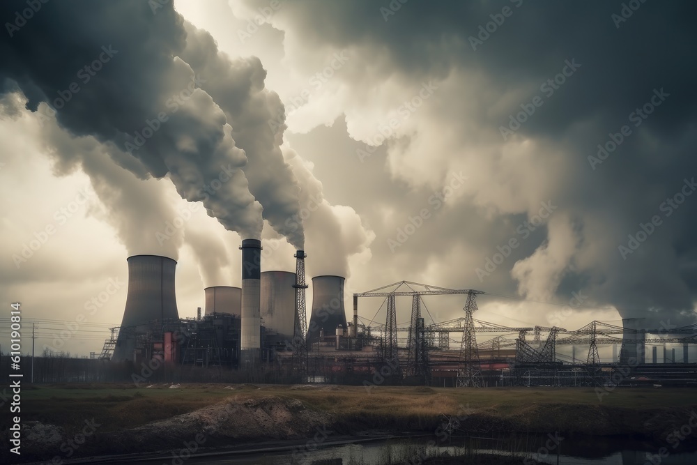 Power plant with smoking chimneys on cloudy sky background. Toned. coal energy production industry produces electricity through the combustion of coal and closing environment problem, AI Generated Power plant with smoking chimneys on cloudy sky background. Toned. coal energy production industry produces electricity through the combustion of coal and closing environment problem, AI Generated