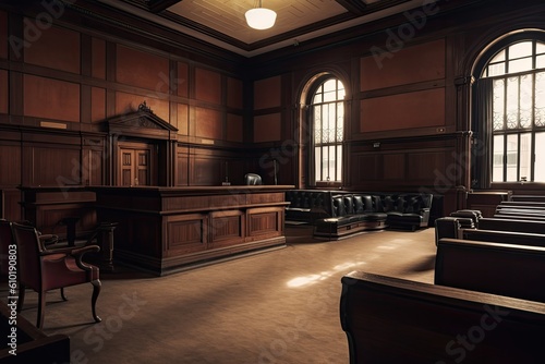 Vintage wooden courtroom interior. 3D Rendering. Retro style. Empty huge vintage courtroom view, AI Generated photo