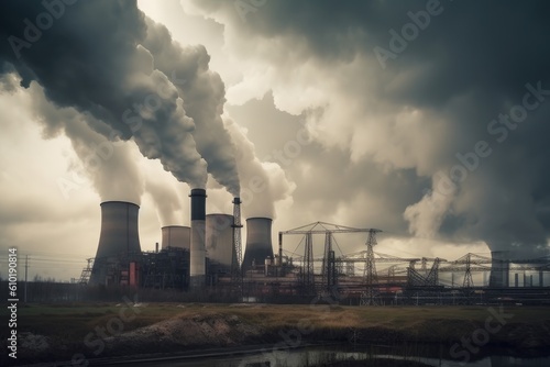 Power plant with smoking chimneys on cloudy sky background. Toned. coal energy production industry produces electricity through the combustion of coal and closing environment problem, AI Generated