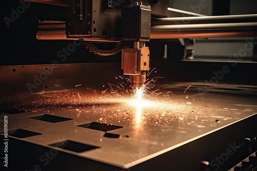 The fiber laser cutting machine cutting the sheet metal with the sparking light. laser CNC machine cutting off a metal plate in a manufacturing facility, with sparks flying, AI Generated