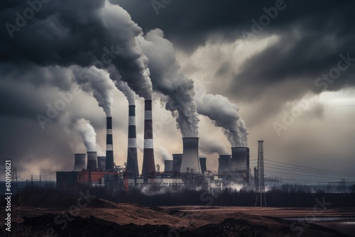 Power plant with smoking chimneys on a background of blue sky. coal energy production industry produces electricity through the combustion of coal and closing environment problem, AI Generated
