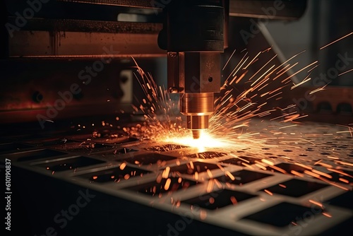 Industrial CNC laser cutting metal with sparks. Small depth of field. laser CNC machine cutting off a metal plate in a manufacturing facility, with sparks flying, AI Generated