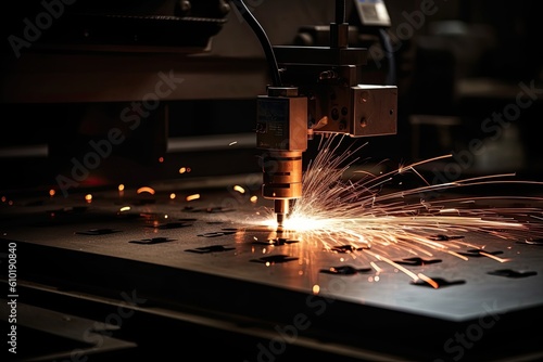Industrial laser cutting automotive part with sparks flying in the air. laser CNC machine cutting off a metal plate in a manufacturing facility, with sparks flying, AI Generated