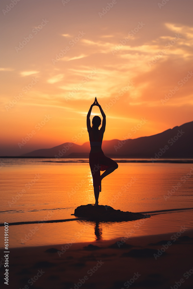 Silhouette of woman doing yoga by the lake at sunset. Generative AI, Generative AI
