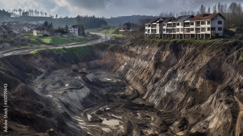 Capture the catastrophic aftermath of a mudslide, with structures partially submerged in mud. . AI - Generative.