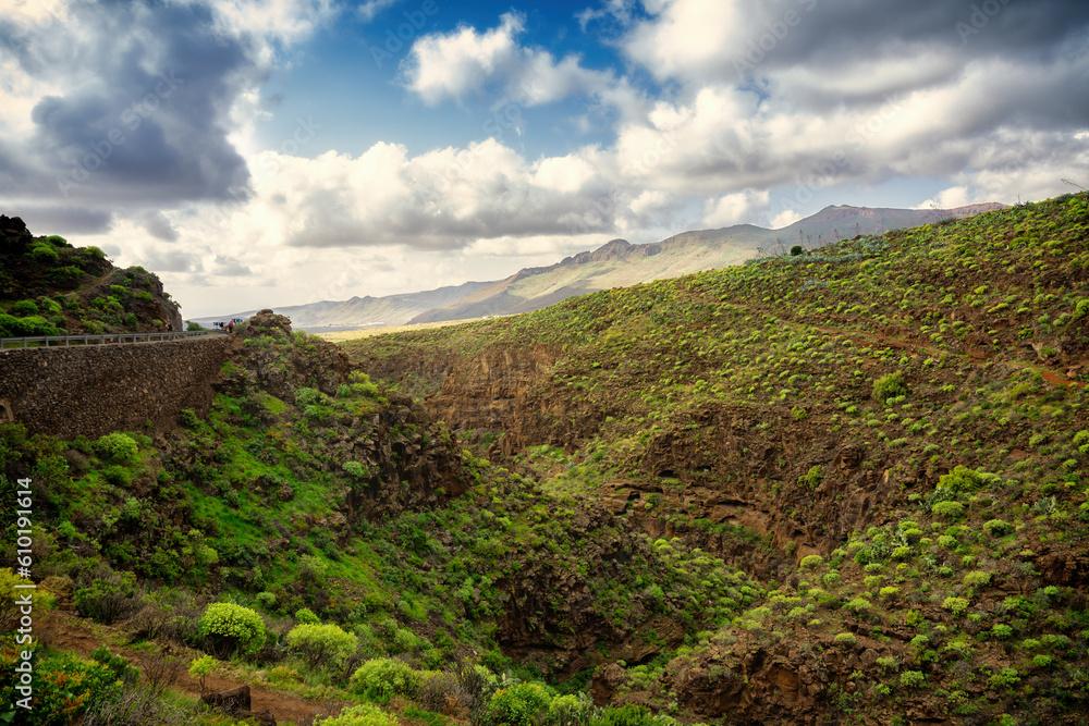 Landscape of a canary valley and in the distance a sky with clouds