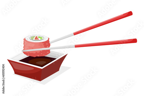 Vector flat cartoon illustration of sushi and sauce bowl.