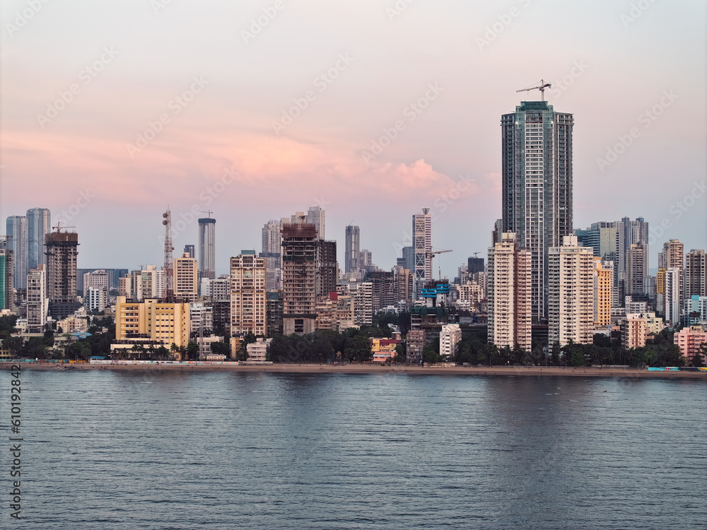 Obraz premium Modern City high-rise skyscraper buildings. Aerial drone view of the Financial District in Mumbai. Daytime Mumbai City, India