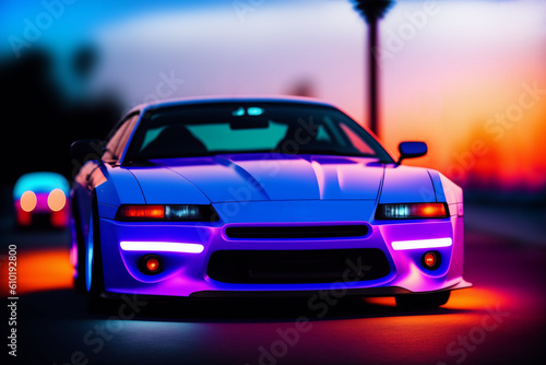 Sports sporty futuristic car on a neon  background in the style of the 80s  90s. night scene. front view. Generative ai.