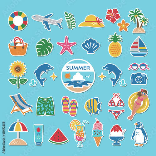 夏のイラストアイコンセット / シール / ビーチ、海、自然