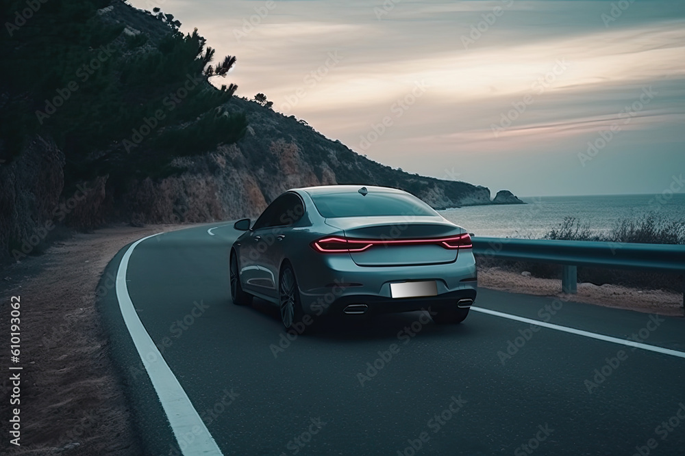 Fototapeta premium Sedans drive on streetsof the sea at sunset