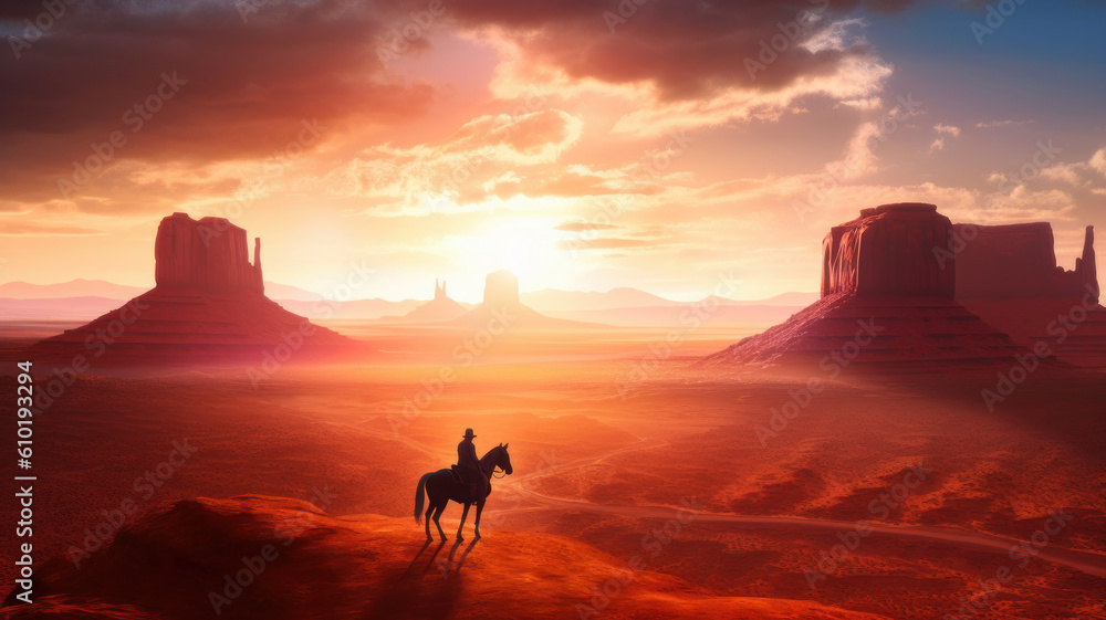 cowboy on horseback in Monument Valley. Generative AI