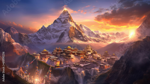 Everest and Tibetan temples. Generative AI