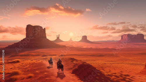 cowboy on horseback in Monument Valley. Generative AI © Aliaksei