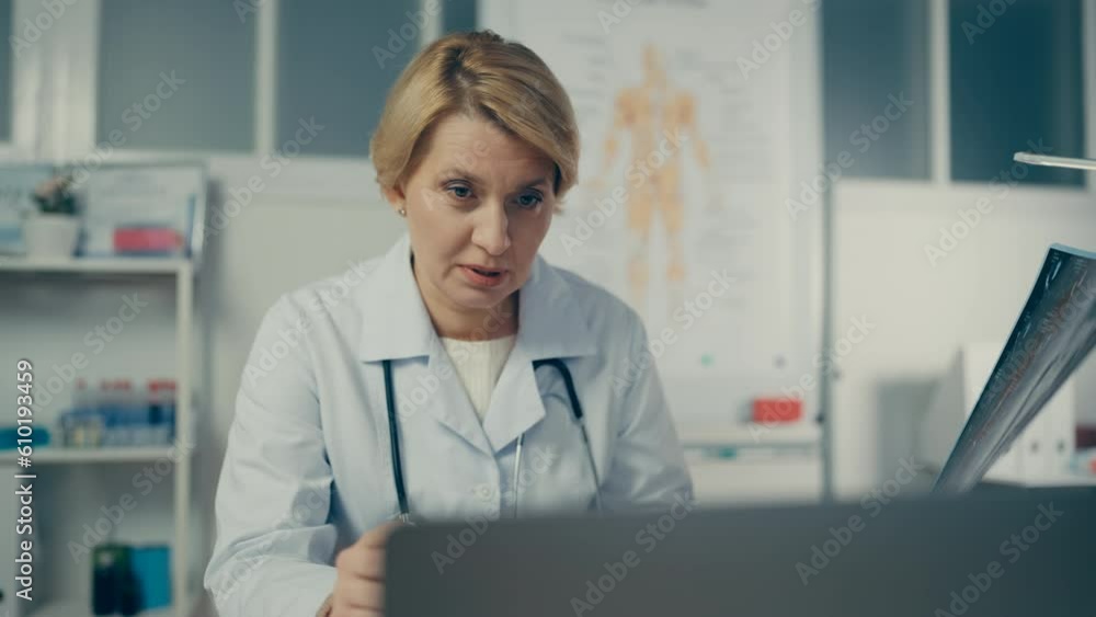Traumatologist consulting patient online, commenting x-ray scan, recovery Traumatologist consulting patient online, commenting x-ray scan, recovery
