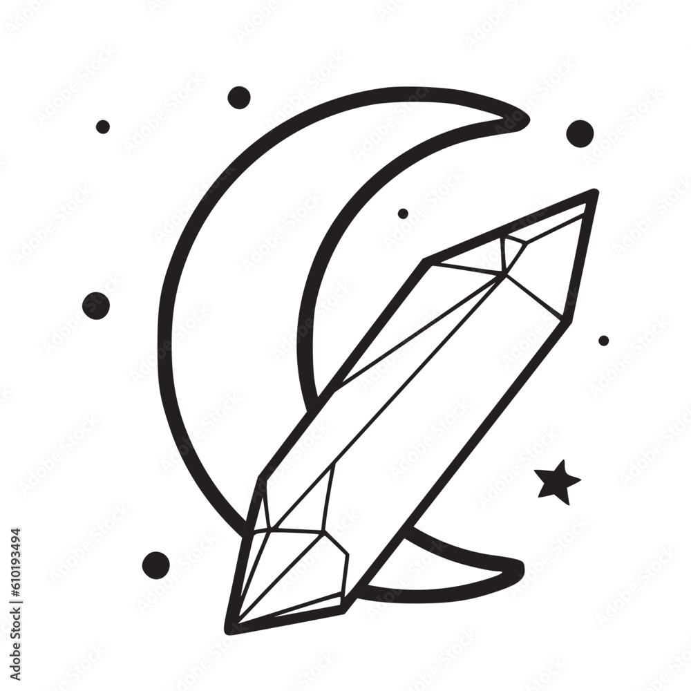 Obraz premium Hand drawn crystal with crescent moon, isolated vector illustration in line doodle style, isolated with white background