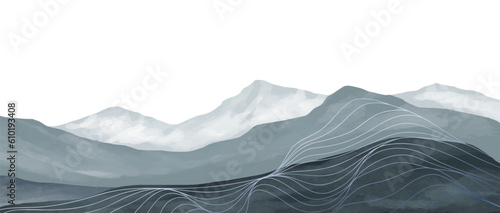Mountain landscape watercolor painting illustration with line art pattern. Abstract contemporary aesthetic backgrounds landscapes. mountains, hills and skyline