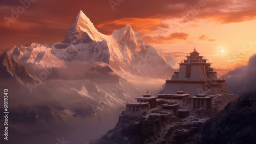 Everest and Tibetan temples. Generative AI