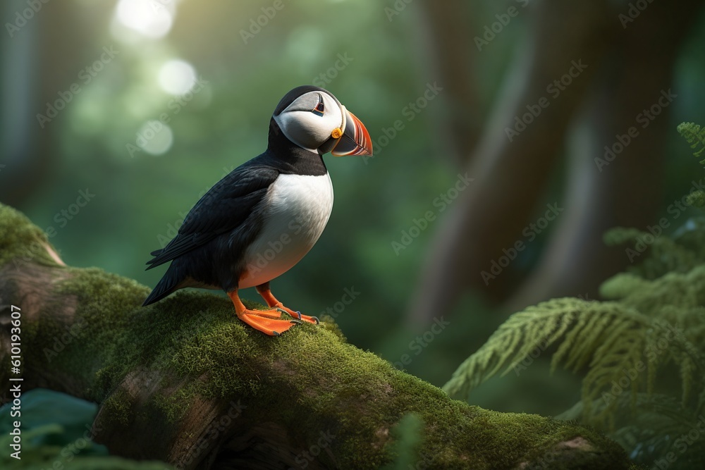 puffin on a tree in the forest. Puffin seabird (fratercula arctica). generative ai, puffin on a tree in the forest. Puffin seabird (fratercula arctica). generative ai,