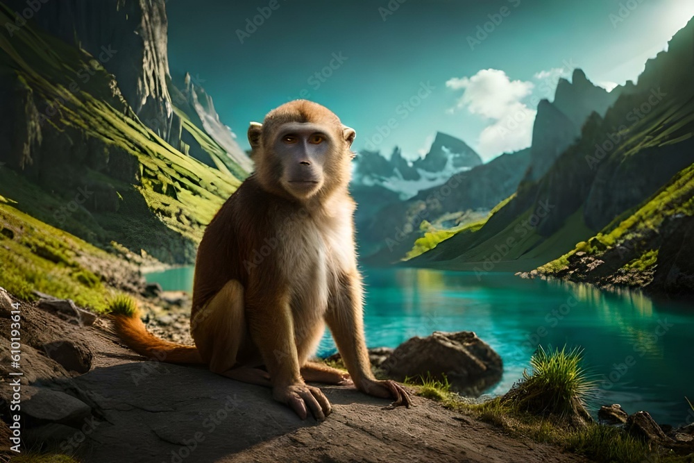Obraz premium monkey on mountain with lake by AI generating